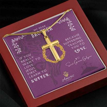 My Dear Brother Personalized Cross Necklace with Saint Gemma Galgani Quote