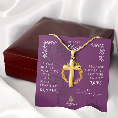 My Dear Aunt Personalized Cross Necklace with Saint Gemma Galgani Quote