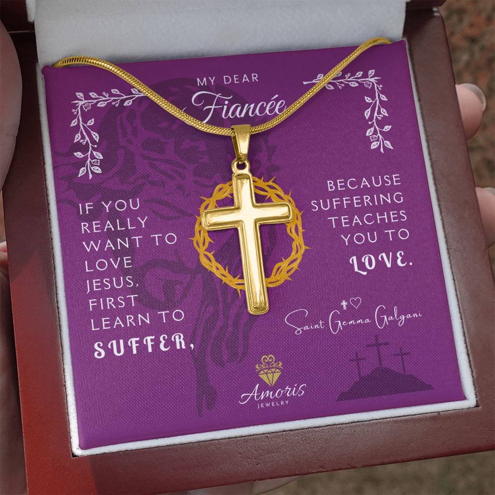 My Dear Fiancée Personalized Cross Necklace with Saint Gemma Galgani Quote