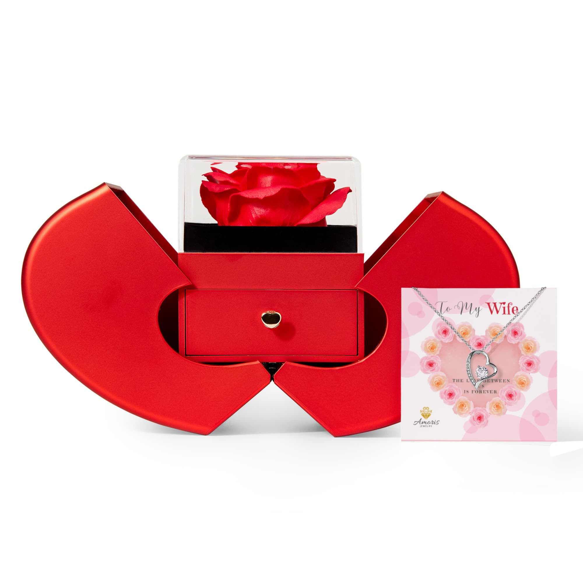 Wife Heart Necklace with Red Heart Rose Box