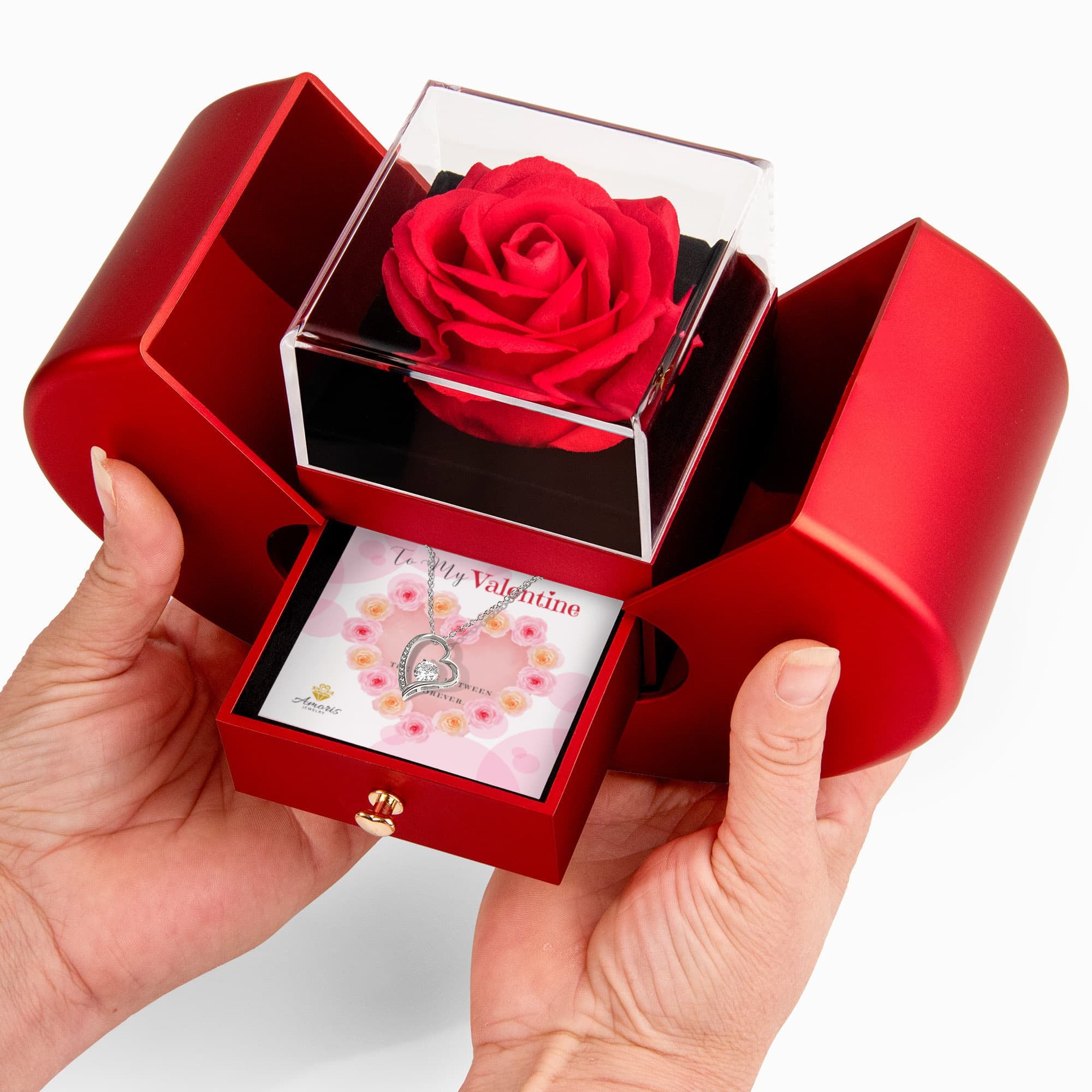 Valentine Heart Necklace with Red Heart Rose Box
