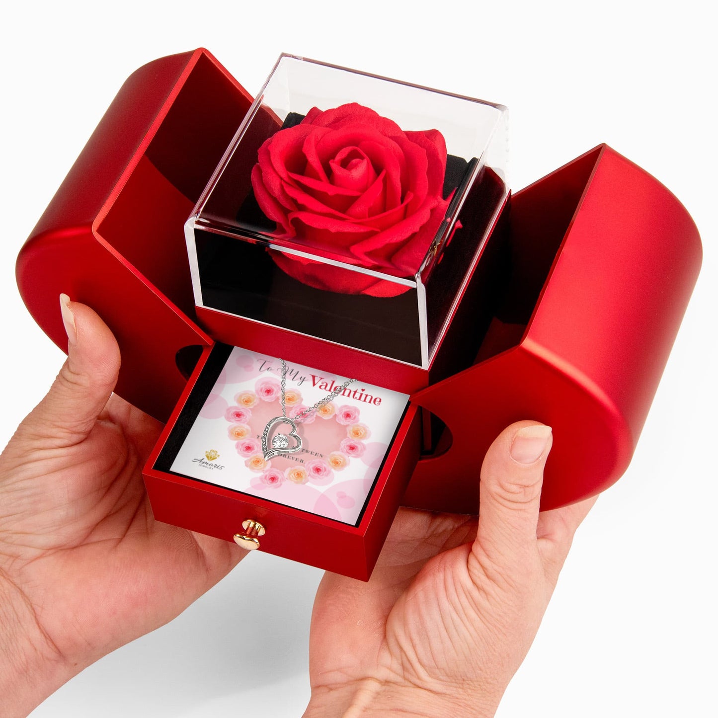 Valentine Heart Necklace with Red Heart Rose Box