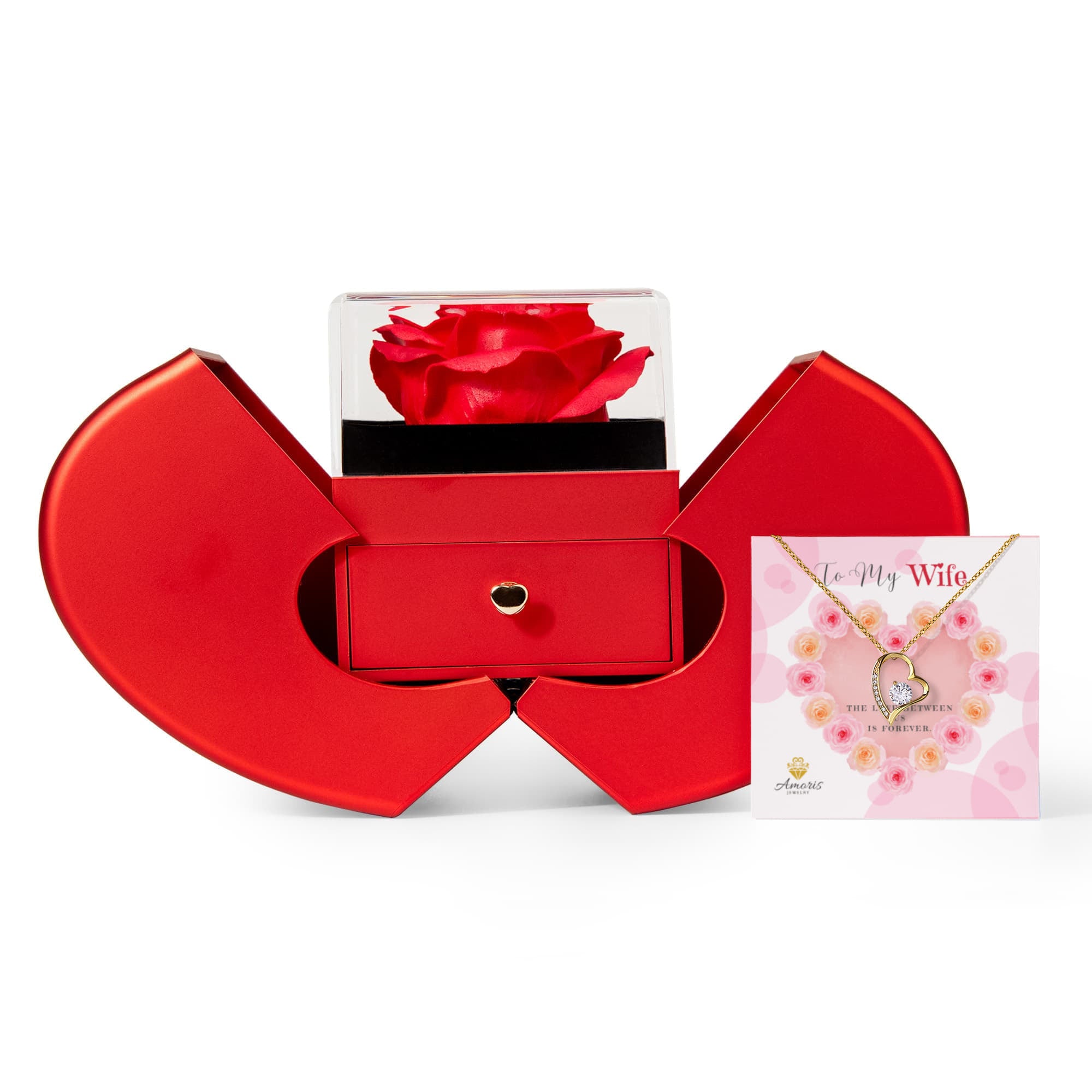 Wife Heart Necklace with Red Heart Rose Box