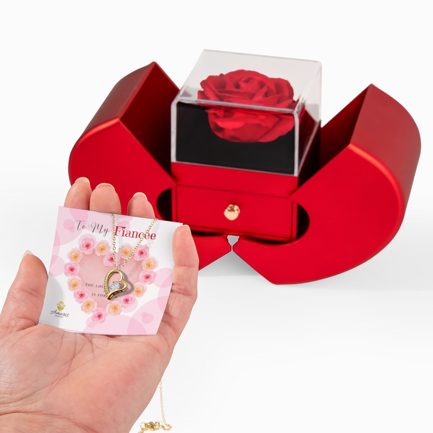 Fiancée Heart Necklace with Red Heart Rose Box