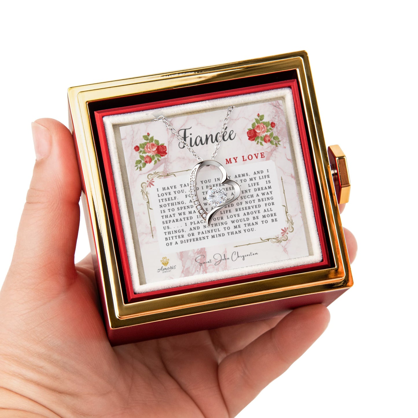 Fiancée My Love Heart Necklace with Eternal Rose and Saint John Chrysostom Quote
