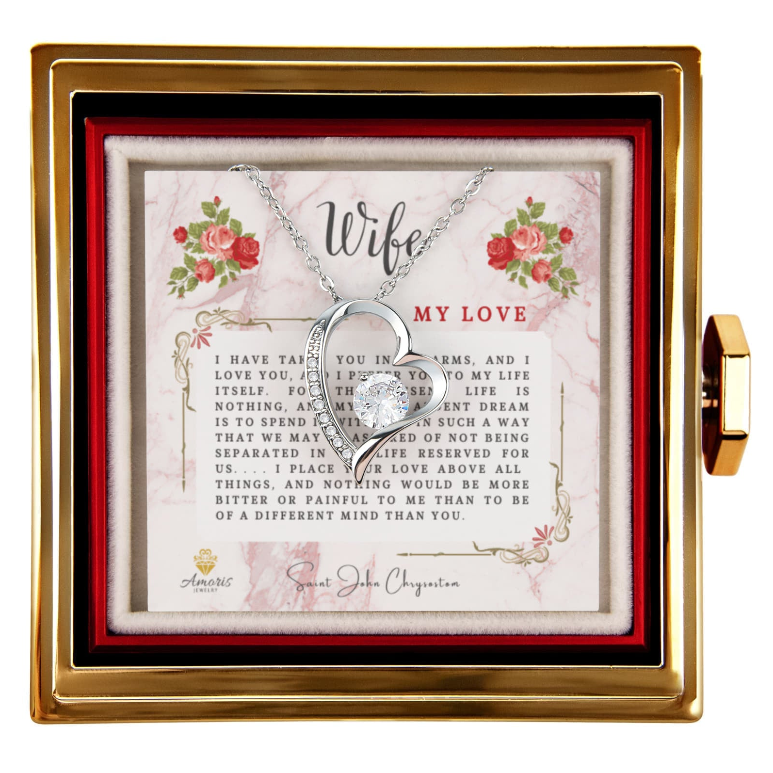 Wife My Love Heart Necklace with Eternal Rose and Saint John Chrysostom Quote