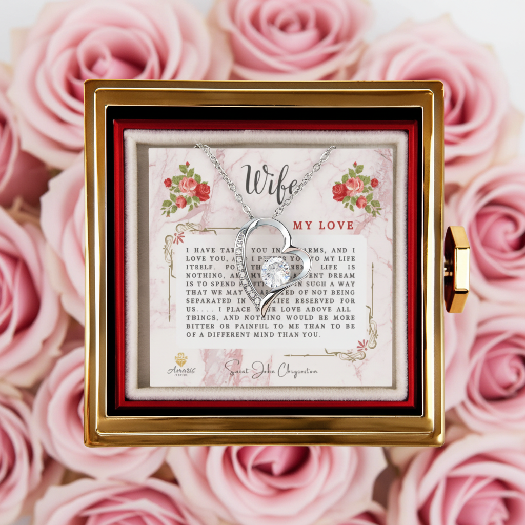 Wife My Love Heart Necklace with Eternal Rose and Saint John Chrysostom Quote