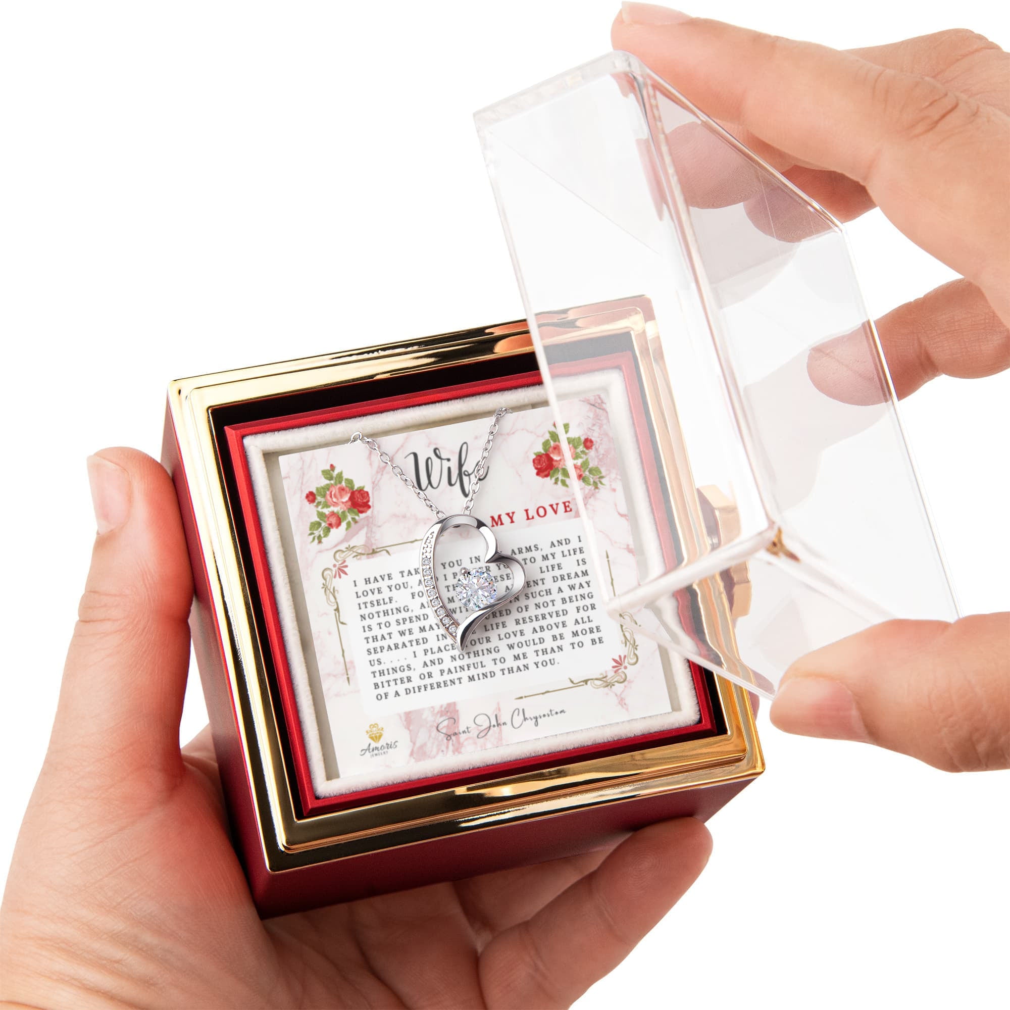 Wife My Love Heart Necklace with Eternal Rose and Saint John Chrysostom Quote