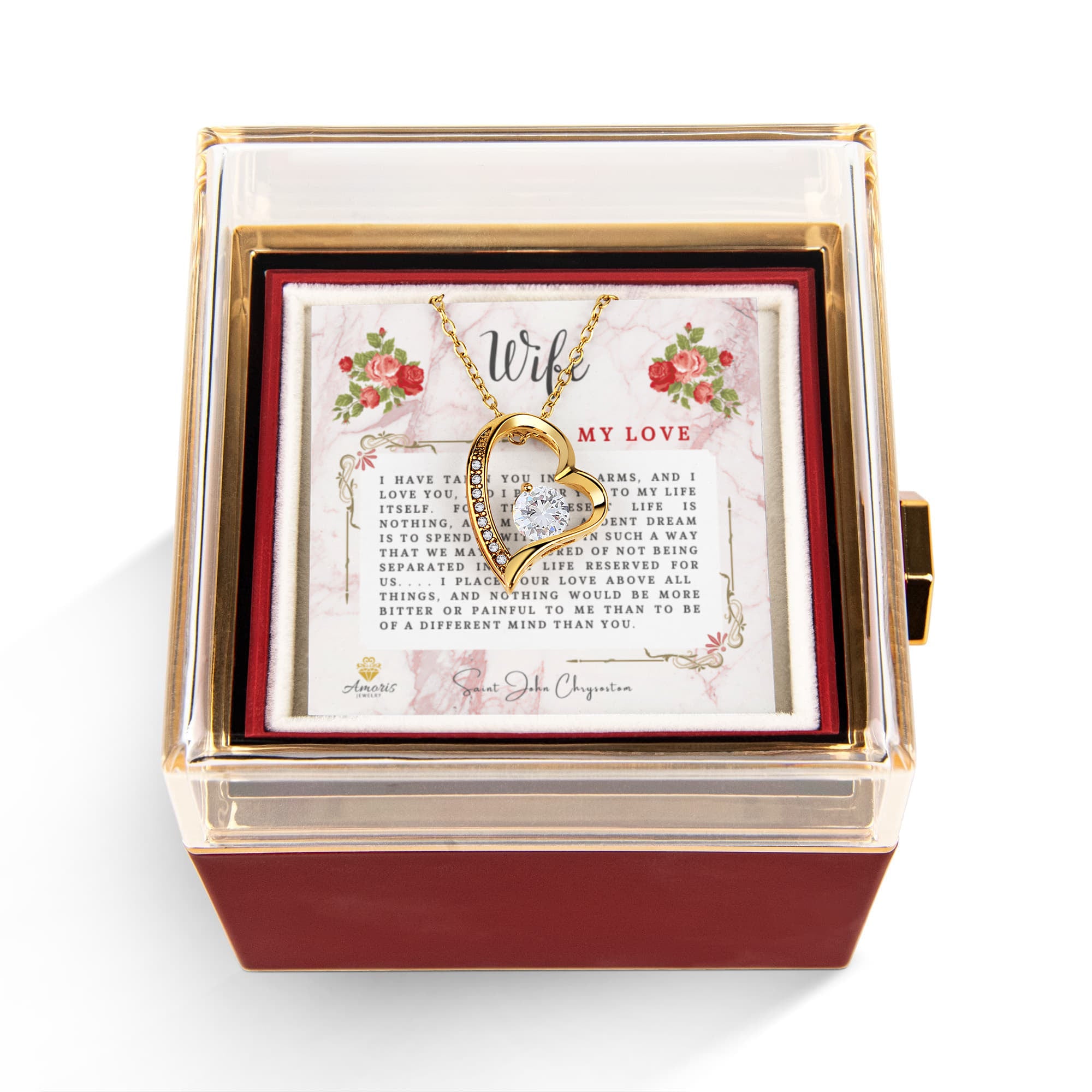 Wife My Love Heart Necklace with Eternal Rose and Saint John Chrysostom Quote