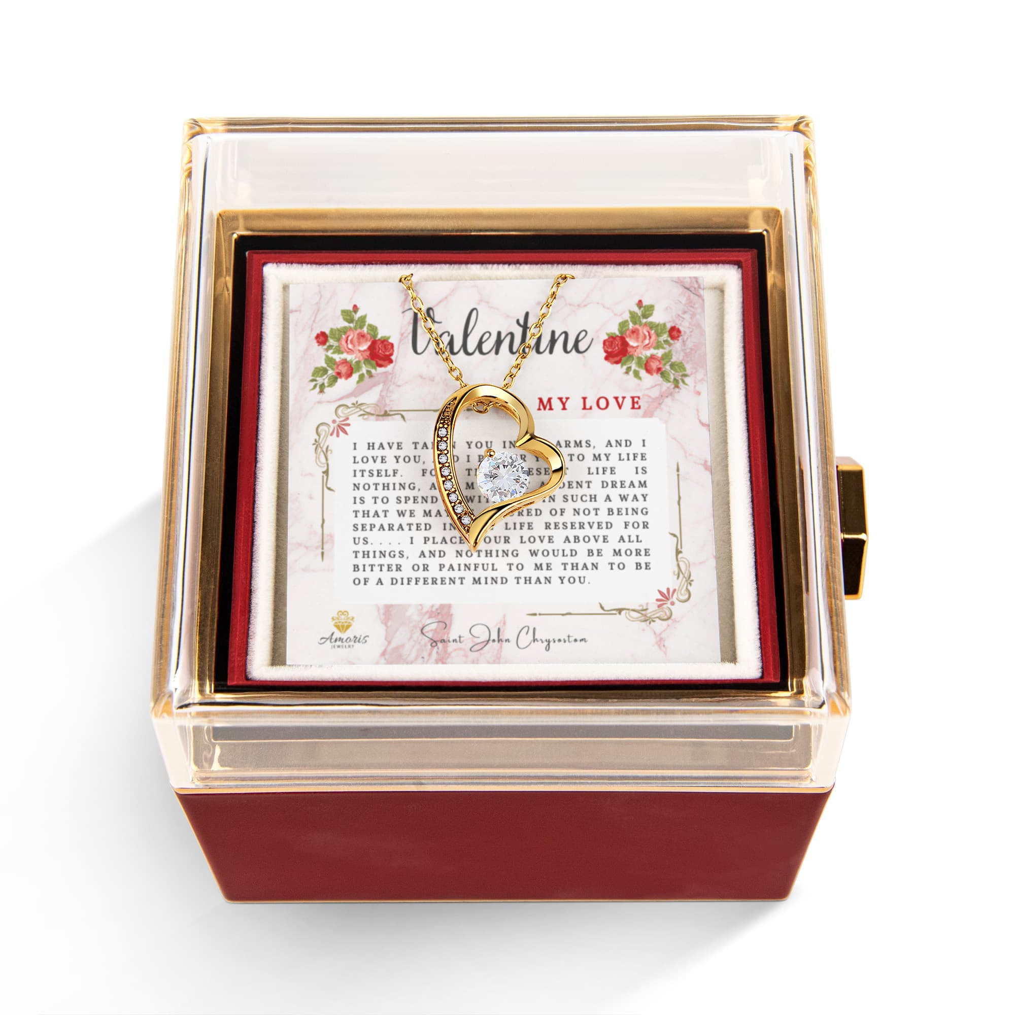 Valentine My Love Heart Necklace with Eternal Rose and Saint John Chrysostom Quote
