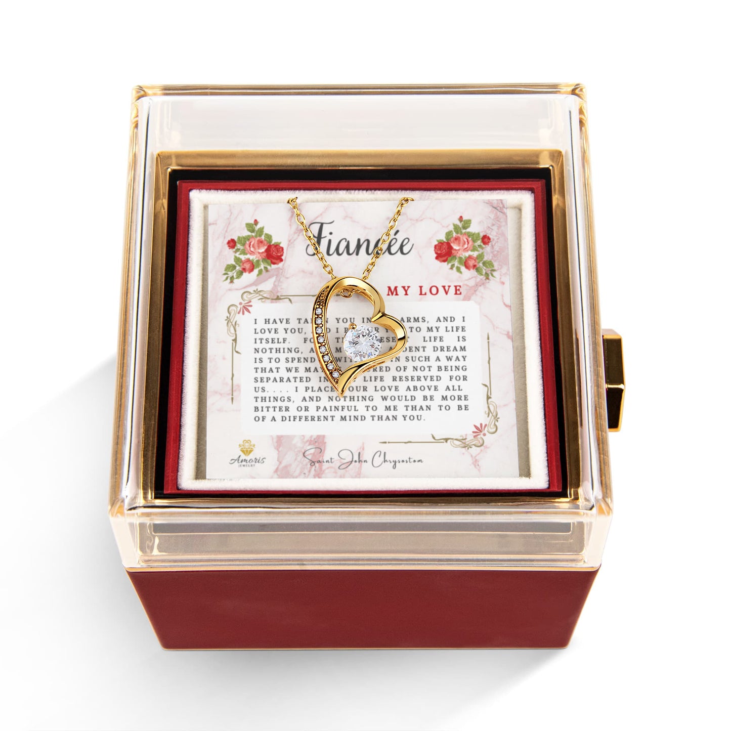 Fiancée My Love Heart Necklace with Eternal Rose and Saint John Chrysostom Quote