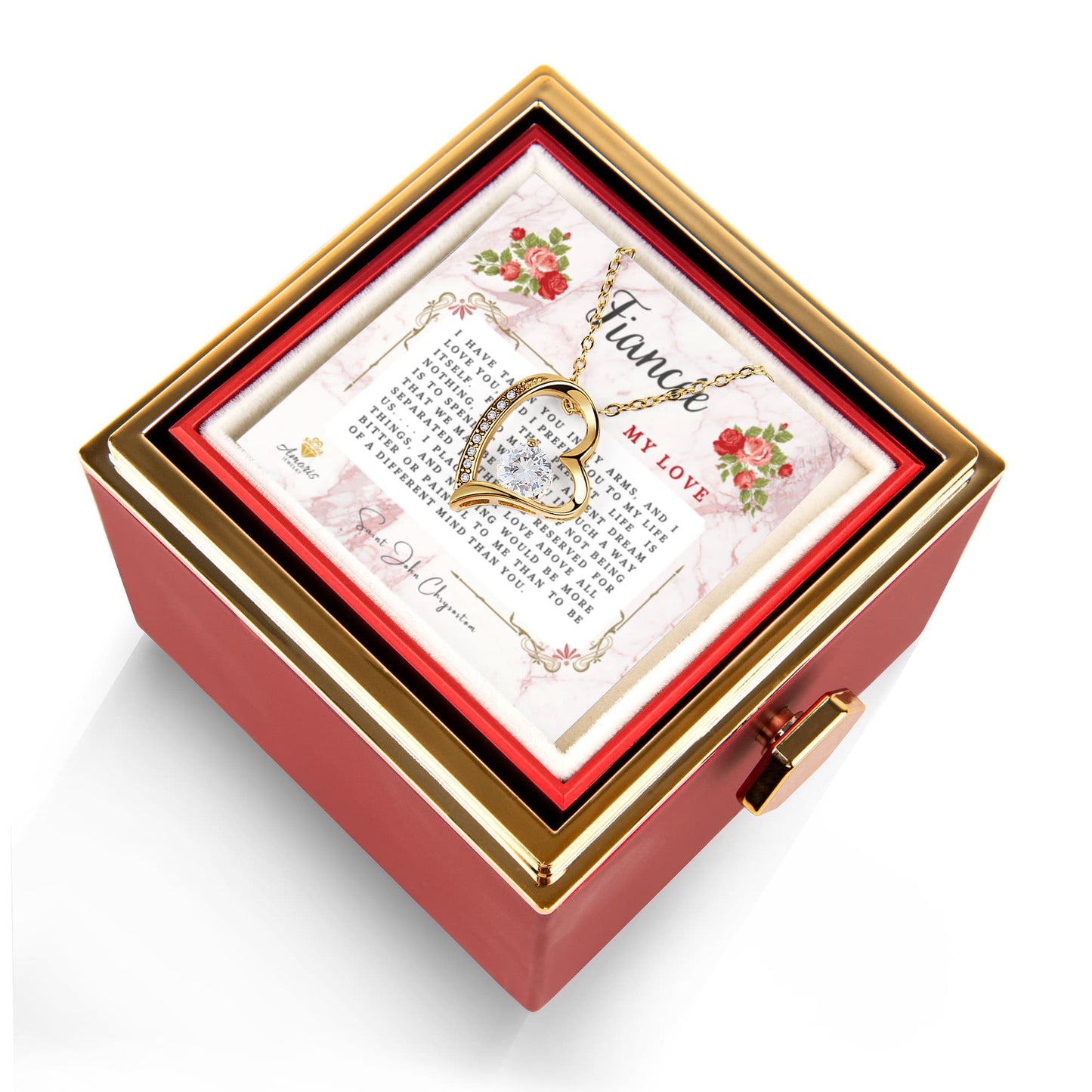 Fiancée My Love Heart Necklace with Eternal Rose and Saint John Chrysostom Quote