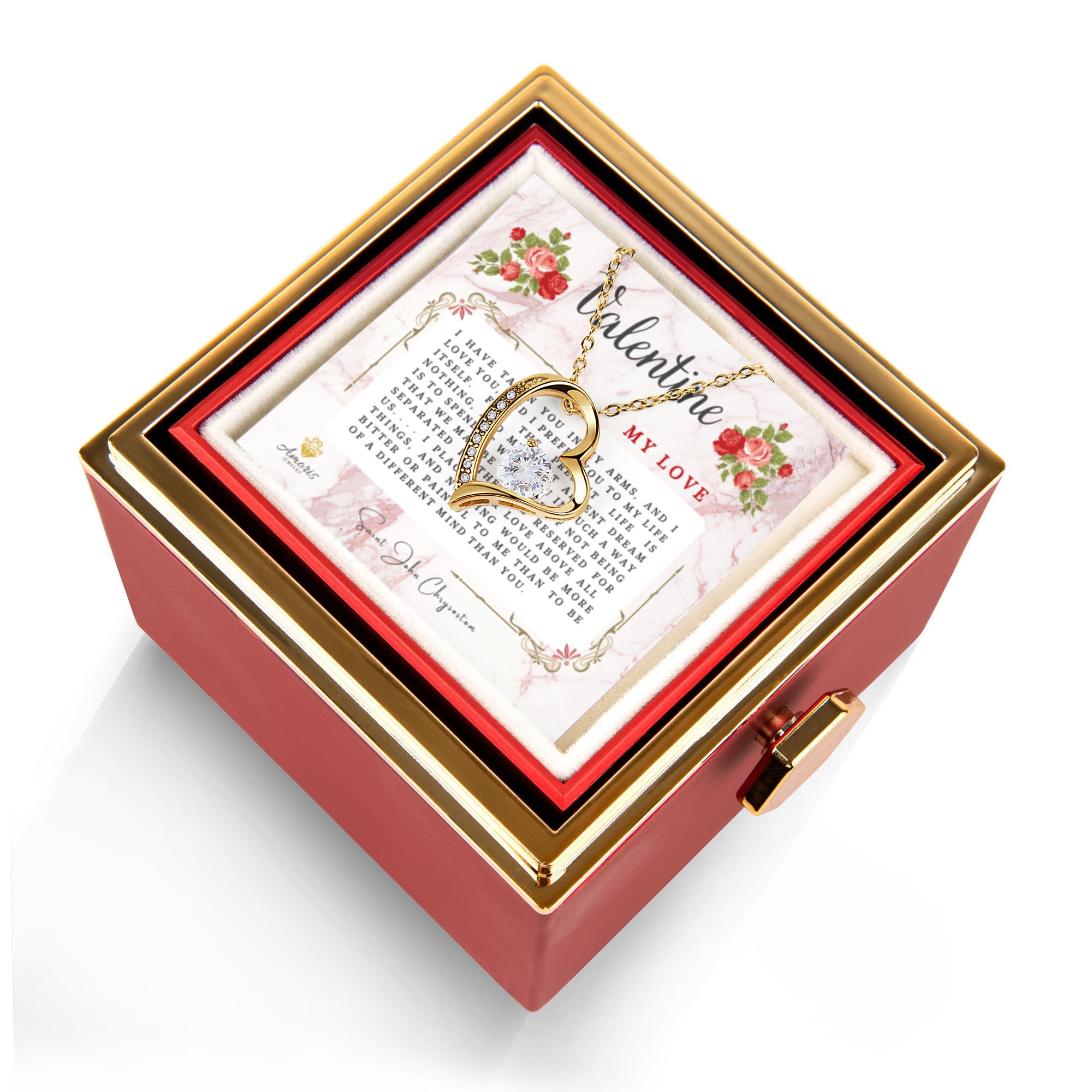 Valentine My Love Heart Necklace with Eternal Rose and Saint John Chrysostom Quote