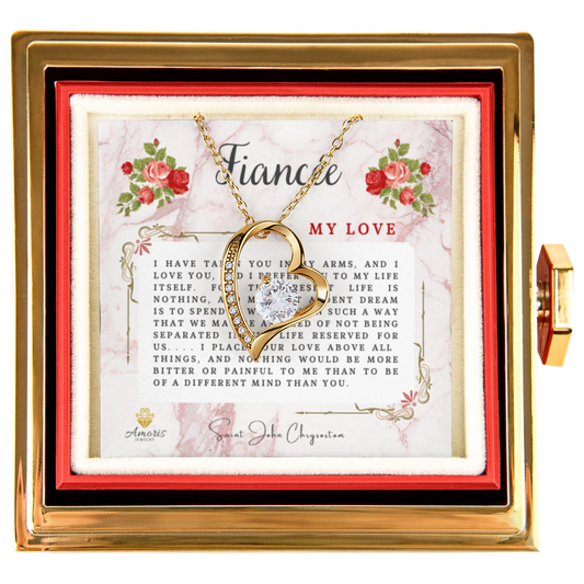 Fiancée My Love Heart Necklace with Eternal Rose and Saint John Chrysostom Quote