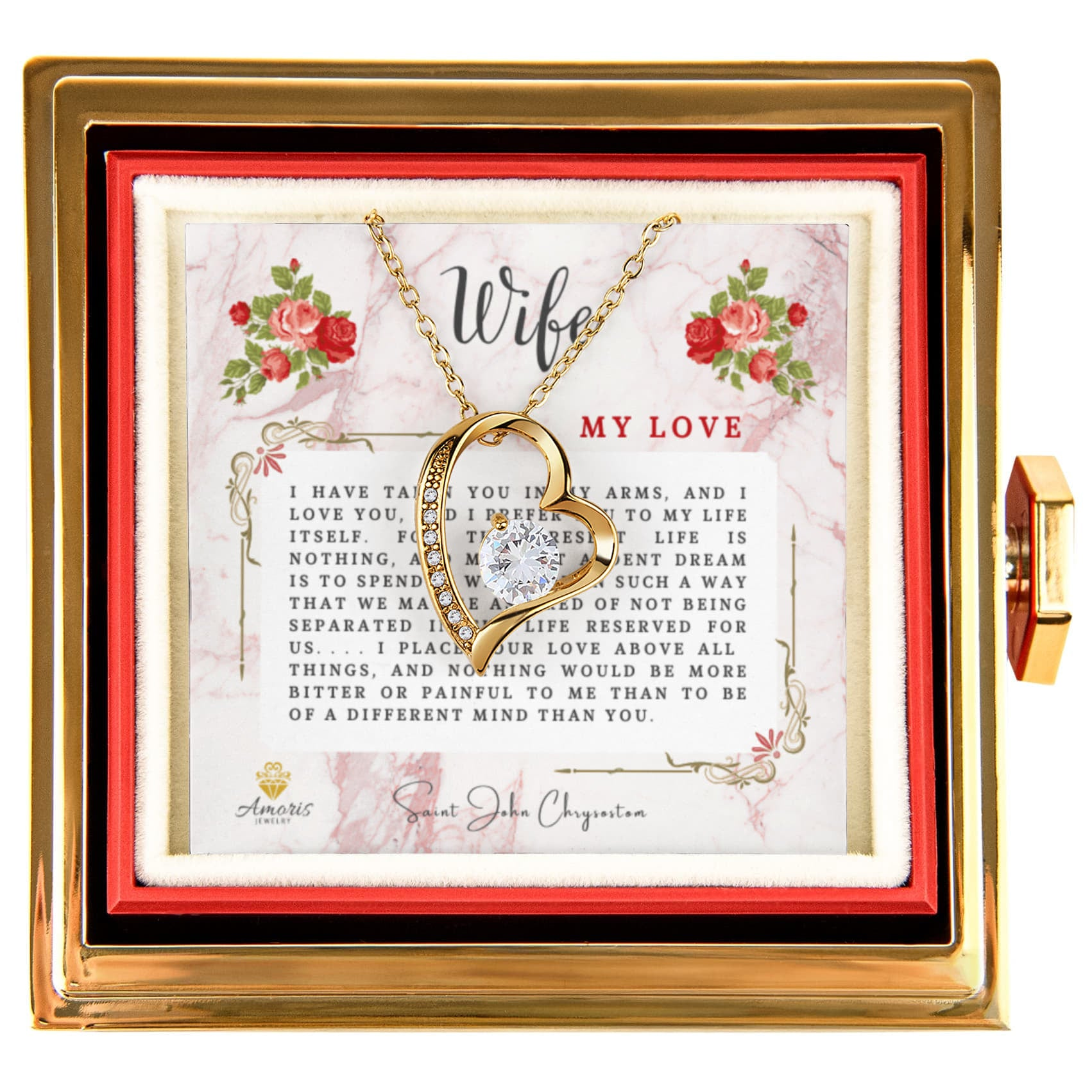 Wife My Love Heart Necklace with Eternal Rose and Saint John Chrysostom Quote
