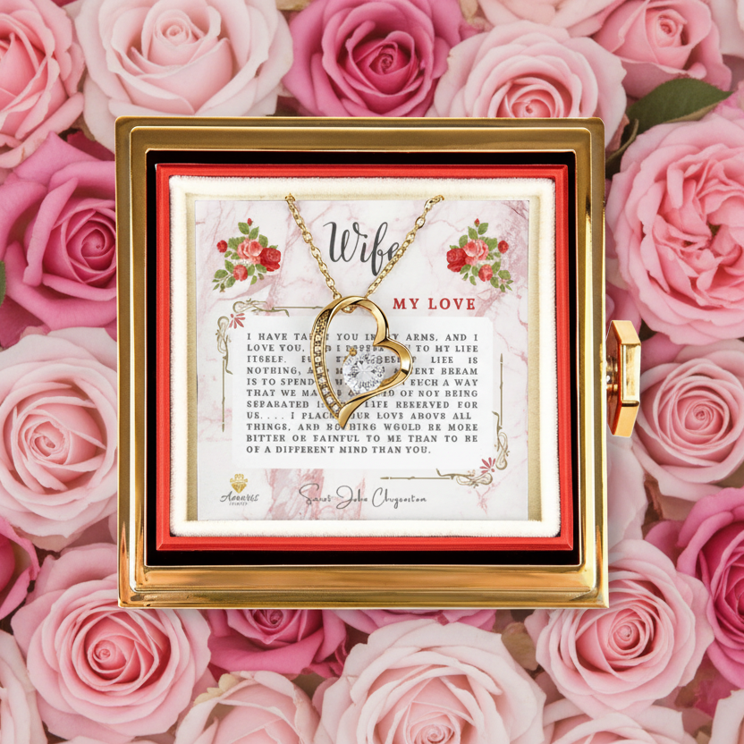 Wife My Love Heart Necklace with Eternal Rose and Saint John Chrysostom Quote
