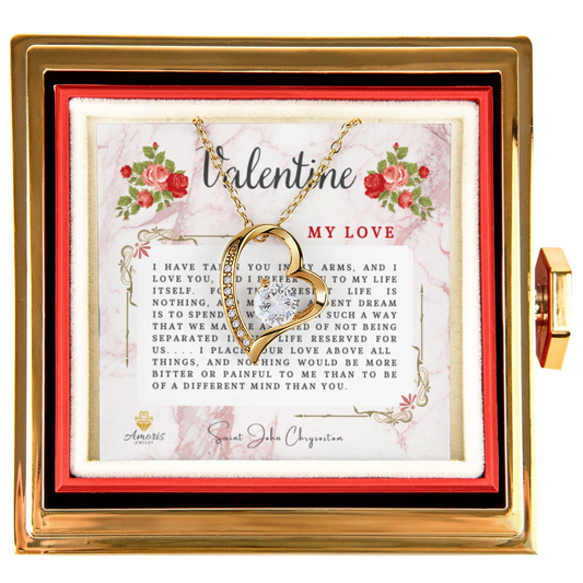 Valentine My Love Heart Necklace with Eternal Rose and Saint John Chrysostom Quote