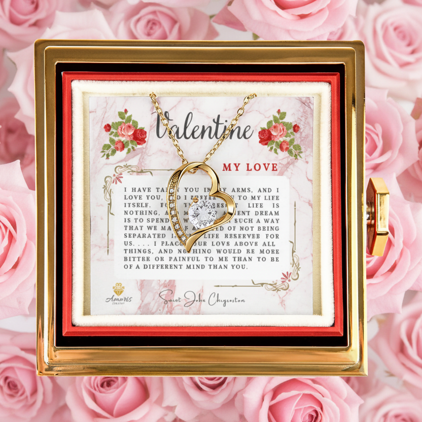 Valentine My Love Heart Necklace with Eternal Rose and Saint John Chrysostom Quote