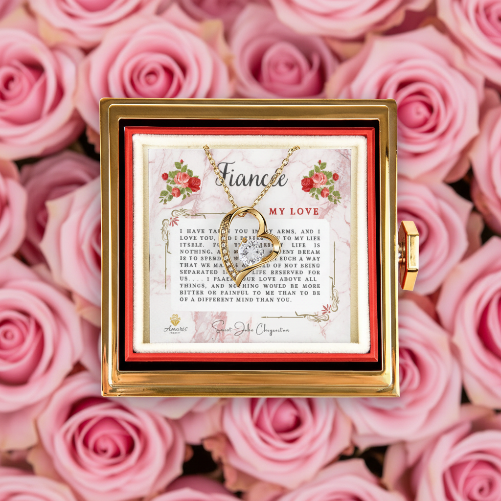 Fiancée My Love Heart Necklace with Eternal Rose and Saint John Chrysostom Quote