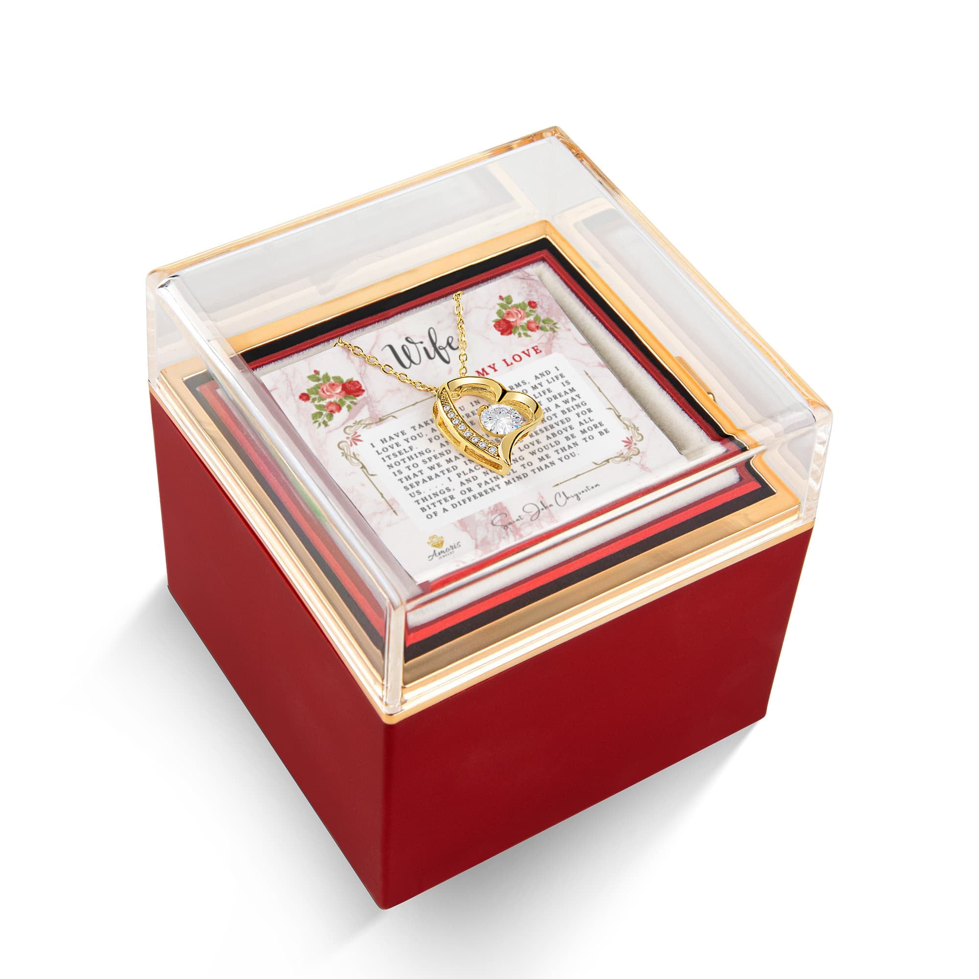 Wife My Love Heart Necklace with Eternal Rose and Saint John Chrysostom Quote