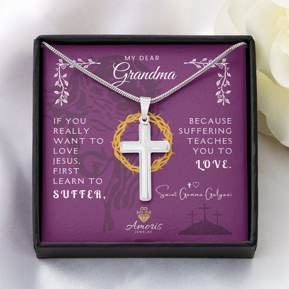 My Dear Grandma Artisan Cross Necklace with Saint Gemma Galgani Quote