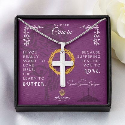 Collar de cruz artesanal "Mi querida prima" con cita de Santa Gemma Galgani