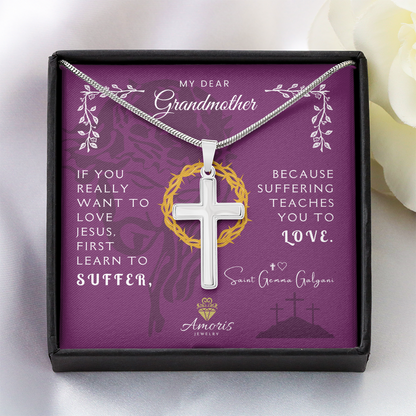 My Dear Grandmother Artisan Cross Necklace with Saint Gemma Galgani Quote