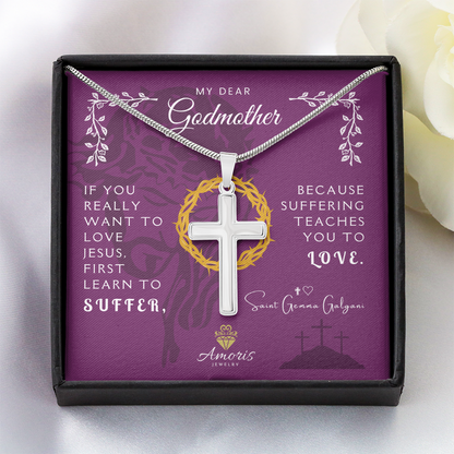 Collar de cruz artesanal "Mi querida madrina" con cita de Santa Gemma Galgani