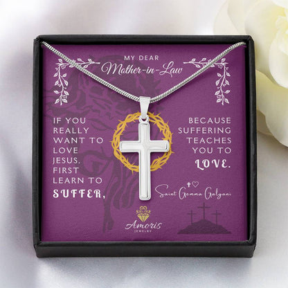 My Dear Mother-in-Law Artisan Cross Necklace with Saint Gemma Galgani Quote