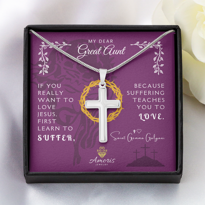 Collar de cruz artesanal "Mi querida tía abuela" con cita de Santa Gemma Galgani