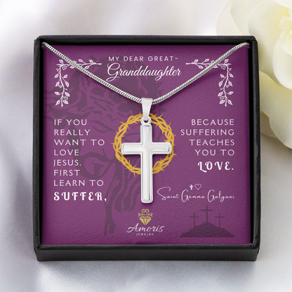 My Dear Great-Granddaughter Artisan Cross Necklace with Saint Gemma Galgani Quote
