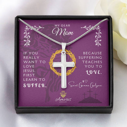 My Dear Mom Artisan Cross Necklace with Saint Gemma Galgani Quote