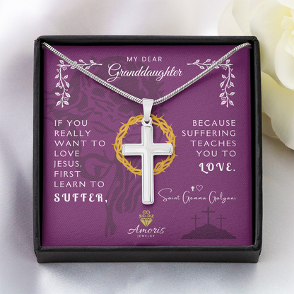 My Dear Granddaughter Artisan Cross Necklace with Saint Gemma Galgani Quote