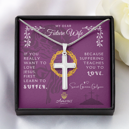 Collar de cruz artesanal "Mi querida futura esposa" con cita de Santa Gemma Galgani