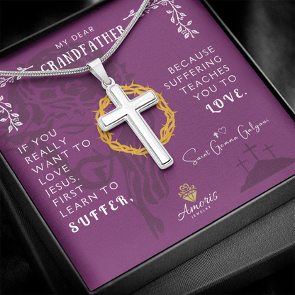 Collier croix artisanal « Mon cher grand-père » avec citation de Sainte Gemma Galgani