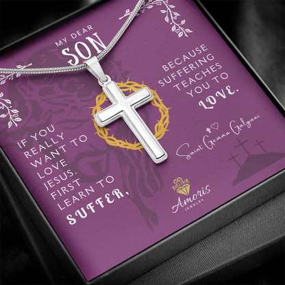Collier croix artisanal « Mon cher fils » avec citation de Sainte Gemma Galgani