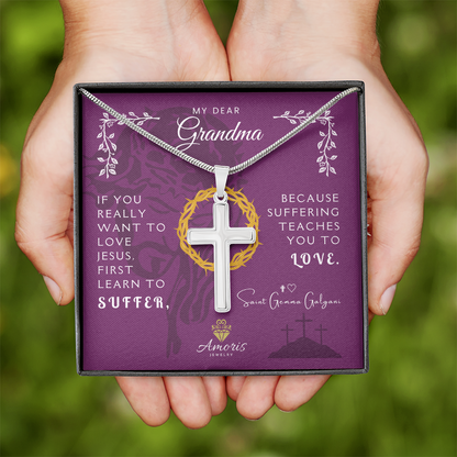 My Dear Grandma Artisan Cross Necklace with Saint Gemma Galgani Quote