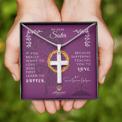 Collier croix artisanal « Ma chère sœur » avec citation de Sainte Gemma Galgani
