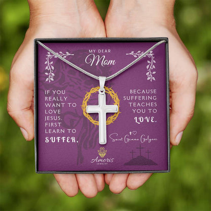 My Dear Mom Artisan Cross Necklace with Saint Gemma Galgani Quote