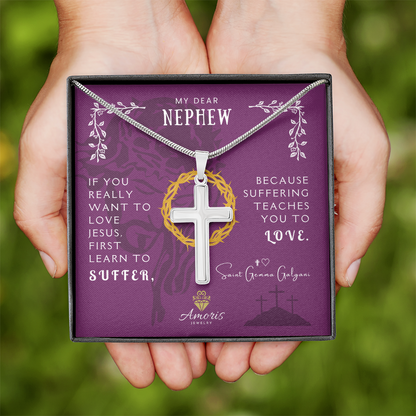 Collier croix artisanal « Mon cher neveu » avec citation de Sainte Gemma Galgani