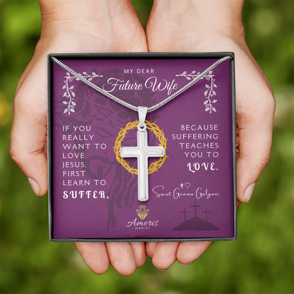 Collar de cruz artesanal "Mi querida futura esposa" con cita de Santa Gemma Galgani