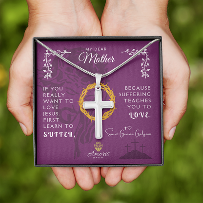 My Dear Mother Artisan Cross Necklace with Saint Gemma Galgani Quote