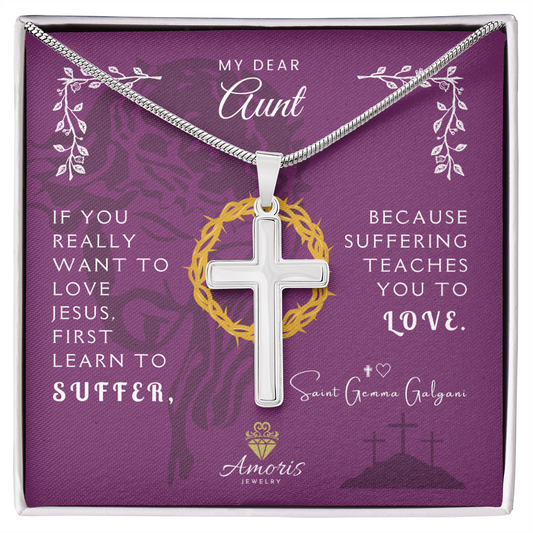 My Dear Aunt Artisan Cross Necklace with Saint Gemma Galgani Quote