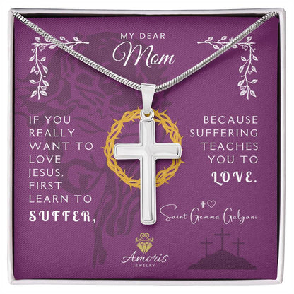 My Dear Mom Artisan Cross Necklace with Saint Gemma Galgani Quote