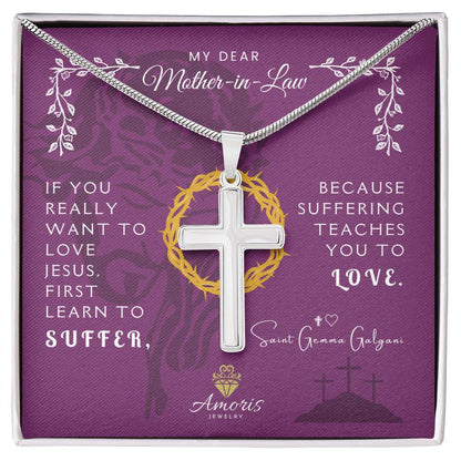 My Dear Mother-in-Law Artisan Cross Necklace with Saint Gemma Galgani Quote
