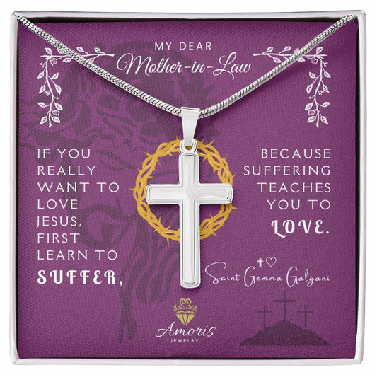 My Dear Mother-in-Law Artisan Cross Necklace with Saint Gemma Galgani Quote