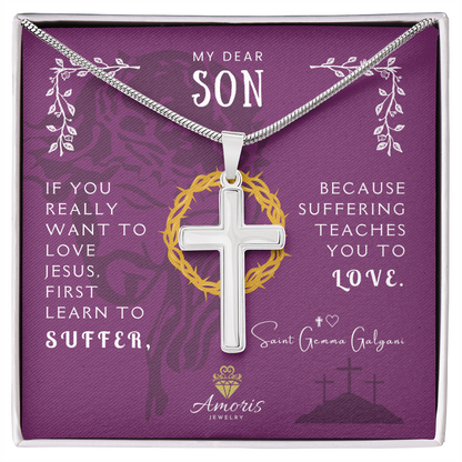 Collier croix artisanal « Mon cher fils » avec citation de Sainte Gemma Galgani
