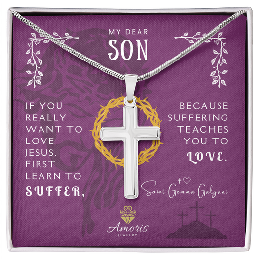 My Dear Son Artisan Cross Necklace with Saint Gemma Galgani Quote