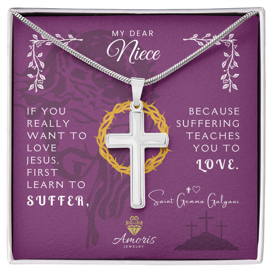 My Dear Niece Artisan Cross Necklace with Saint Gemma Galgani Quote