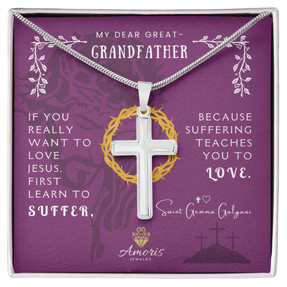 My Dear Great-Grandfather Artisan Cross Necklace with Saint Gemma Galgani Quote